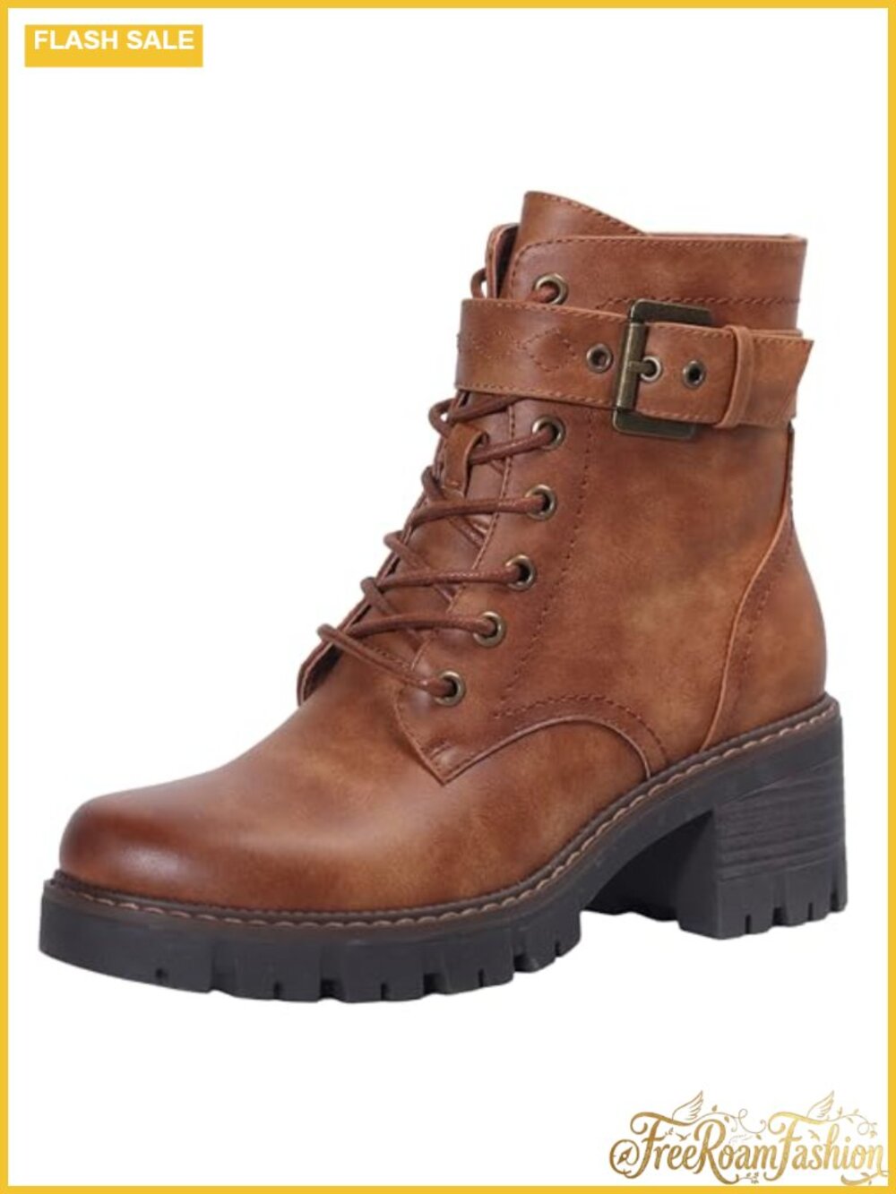 Combat Boots Chunky Mid Heel Lace-Up Ankle Booties Side Zipper Buckle